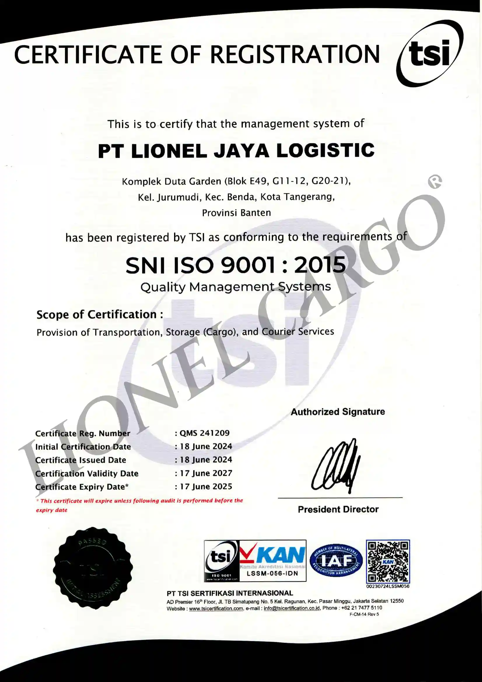 Sertifikat ISO Lionel Cargo